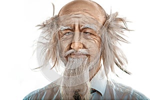 Closeup portrait of crazy oldman on white background