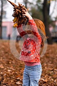 Closeup portrait of cute adorable smiling little red-haired Caucasian girl child playing with dry leaves standing in