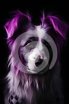 Closeup portrait of cute dog with purple colored fur on black background