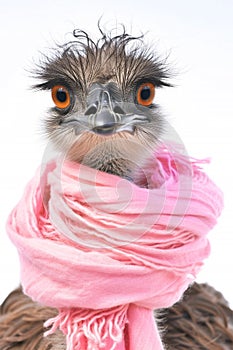 Closeup portrait of cute emu in pink scarf on white