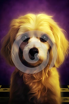 Closeup portrait of cute puppy with yellow colored fur on dark purple background
