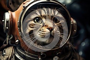 closeup portrait cute tabby cat astronaut in space suit