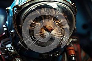 closeup portrait cute tabby cat astronaut in space suit