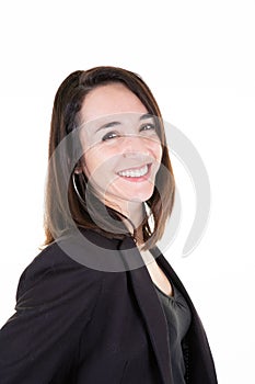 Closeup portrait of cute young happy business woman smiling