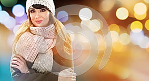 Closeup portrait of an elegant, cheerful brunette woman - glimmer background