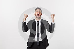 Closeup portrait excited energetic happy, screaming, business man winning, arms, fists pumped celebrating success