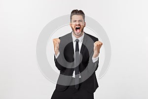 Closeup portrait excited energetic happy, screaming, business man winning, arms, fists pumped celebrating success