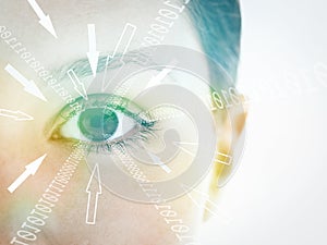 Closeup portrait of an eye of a young woman against white background