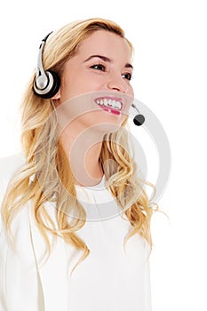 Closeup portrait of female customer service representative wearing headset.