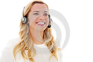 Closeup portrait of female customer service representative wearing headset.