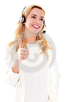 Closeup portrait of female customer service representative wearing headset.