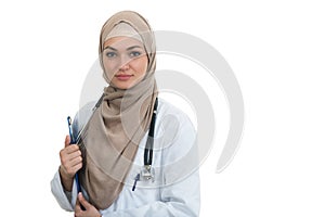 Closeup portrait of friendly, smiling confident Muslim female doctor celebrating success