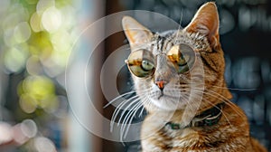 Closeup portrait of funny red cat wearing sunglasses