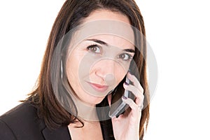 Closeup portrait happy executive wearing suit calling customer service on phone and looking camera