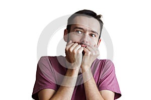 Closeup portrait of happy man looking shocked surprised in full disbelief hands on cheek open mouth eyes, isolated on white