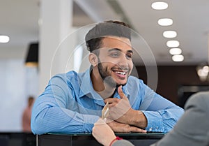 Closeup Portrait Of Happy Smiling Business Man Give Credit Card To Female Shop Assistant Paying For Clothes