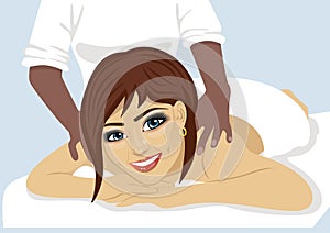 Closeup portrait of happy woman receiving back massage at salon spa