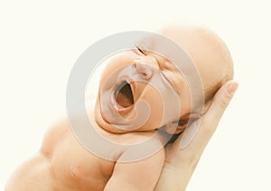 Closeup portrait of infant yawning on hands