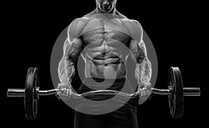 Closeup portrait of a muscular man workout with barbell at gym