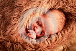 closeup portrait of newborn baby sleeping face with hand under cheek