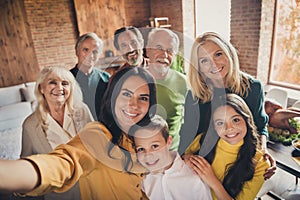 Closeup portrait photo of full big family gathering eight people make selfie cuddle embrace wait pray thank god have