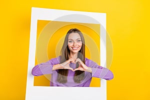 Closeup portrait photo of young adorable girlfriend smiling showing love heart feelings her boyfriend cadre frame