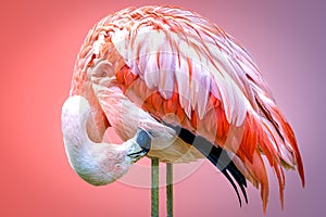 Closeup portrait of a pink flamingo grooming its feathers