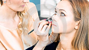 Closeup portrait of professional makeup artist painting model`s eyes