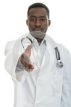 Closeup portrait smiling black healthcare professional doctor with stethoscope, giving handshake.