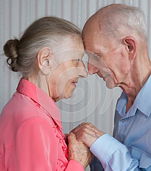 Closeup portrait of smiling elderly couple