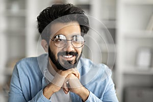 Closeup Portrait Of Smiling Handsome Indian Guy Wearing Eyeglasses