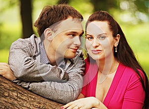 Closeup portrait of smiling young couple in love