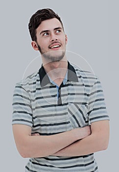 Closeup portrait of smiling young man looking to the side. Isol