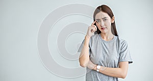 Closeup portrait stressed business asian woman thinking.