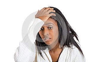 Closeup portrait stressed woman with headache holding head