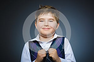 Closeup portrait successful happy boy isolated grey background.