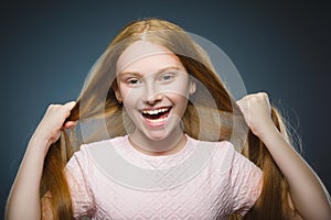 Closeup portrait successful happy girl grey background.