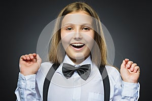 Closeup portrait successful happy girl isolated grey background.