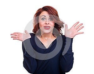 Closeup portrait of surprised young lady isolated