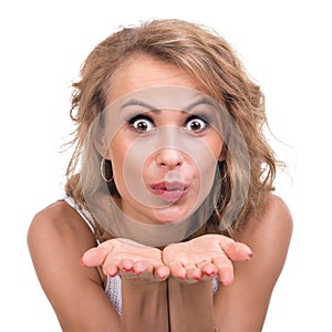 Closeup portrait of surprised young lady isolated