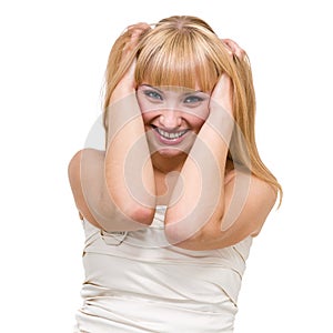 Closeup portrait of surprised young lady isolated on white