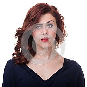 Closeup portrait of surprised young lady isolated on white with copyspace