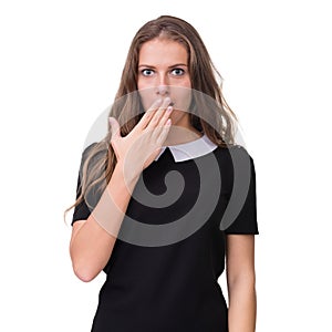 Closeup portrait of surprised young lady isolated on white with copyspace