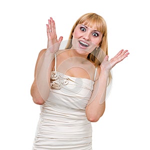 Closeup portrait of surprised young lady isolated on white