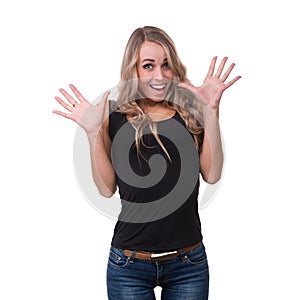 Closeup portrait of surprised young lady isolated