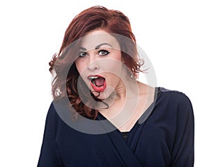 Closeup portrait of surprised young lady isolated on white