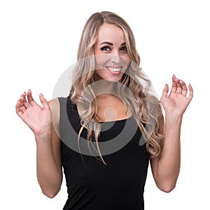 Closeup portrait of surprised young lady isolated on white