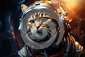 closeup portrait of a tabby cat astronaut in a spacesuit