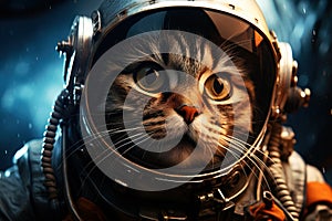 closeup portrait of a tabby cat astronaut in a spacesuit