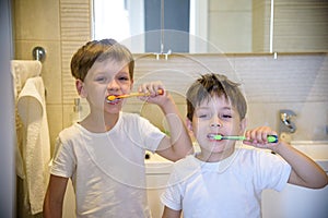 Closeup portrait of twins kids toddler boy sibling in bathroom toilet washing face hands brushing teeth with toothbrush playing